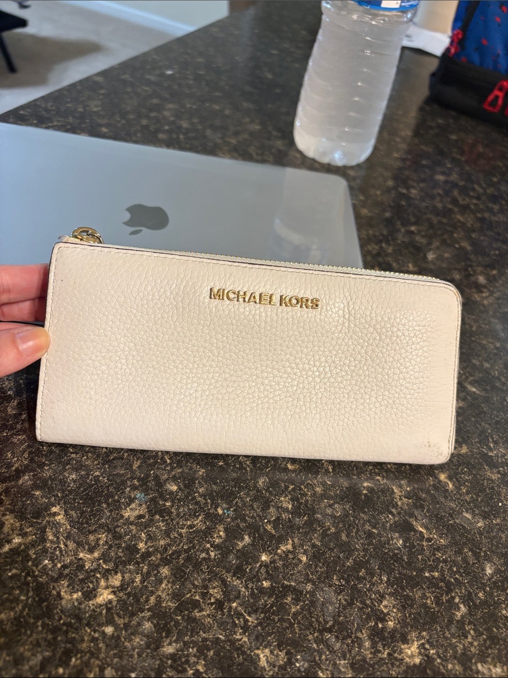 Michael Kors Cream Pebbled Leather Zip Wallet with Gold Hardware